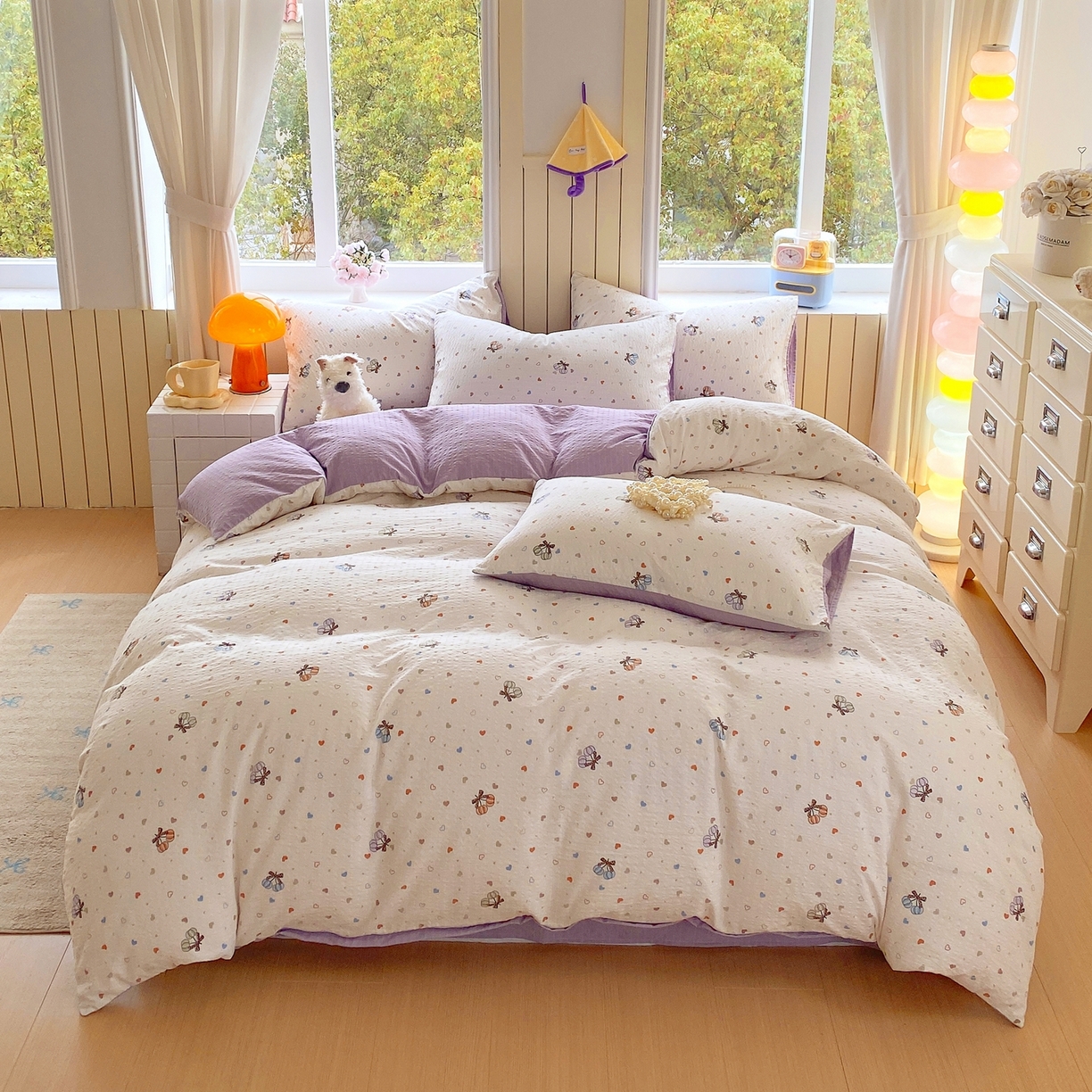 91家纺网 家纺一手货源 找家纺 爱橙家纺（原艾橙家纺） 2026春夏新款A类高品质110克超柔泡芙纱四件套 蝶糖