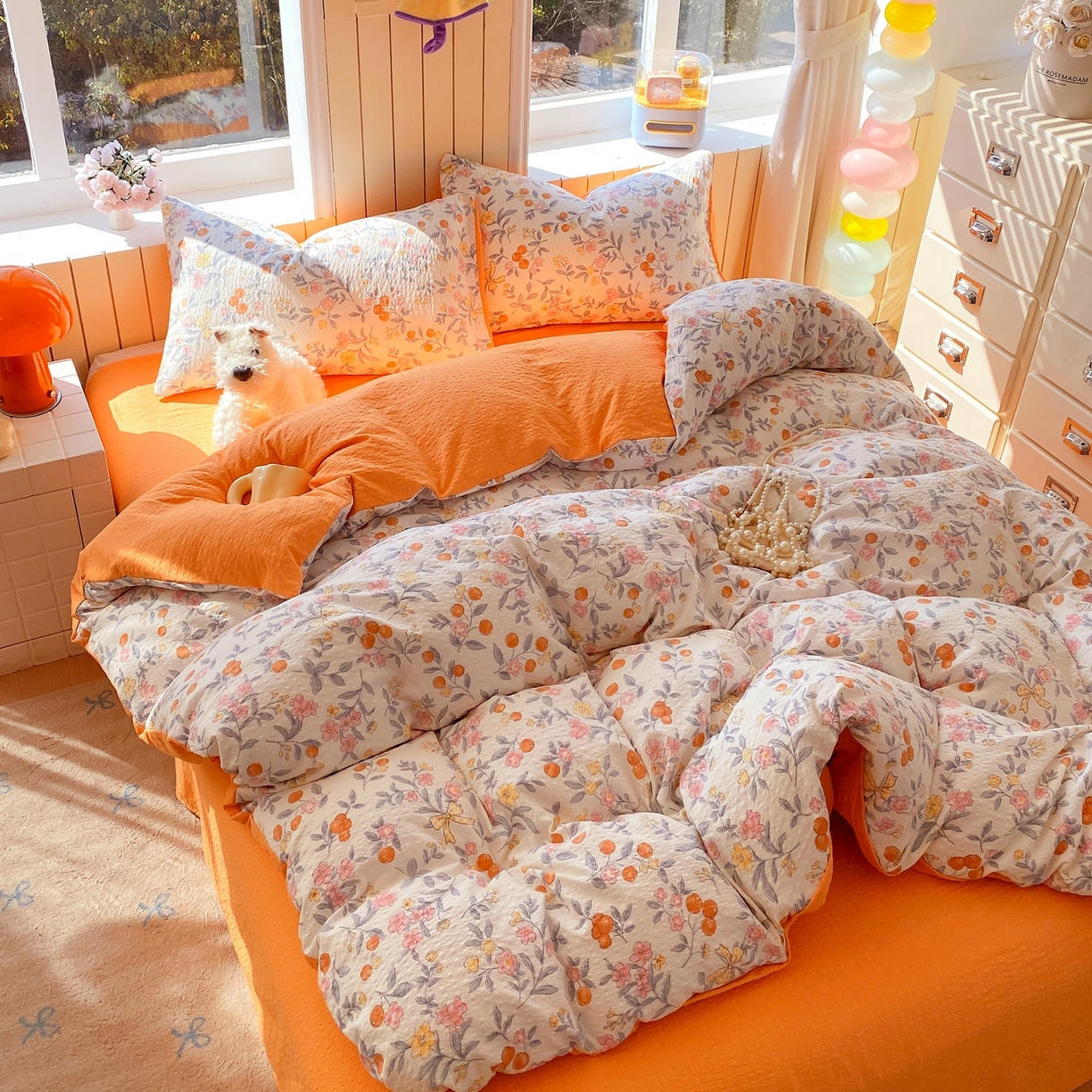 91家纺网 家纺一手货源 找家纺 爱橙家纺（原艾橙家纺） 2026春夏新款A类高品质110克超柔泡芙纱四件套 石榴花开