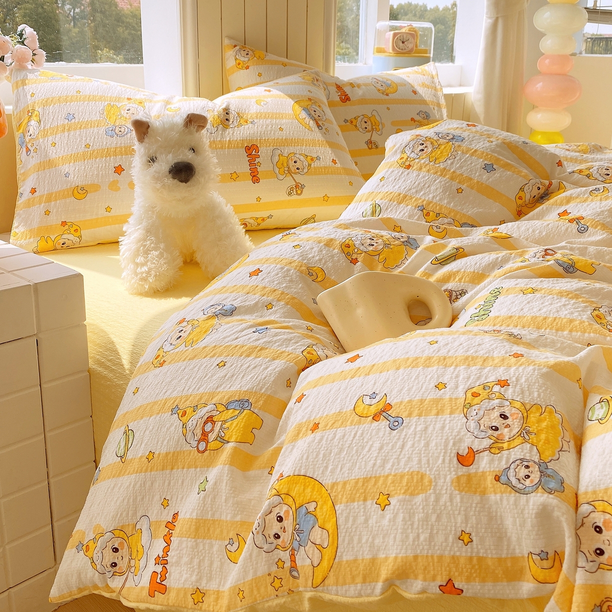 91家纺网 家纺一手货源 找家纺 爱橙家纺（原艾橙家纺） 2026春夏新款A类高品质110克超柔泡芙纱四件套 星星崽