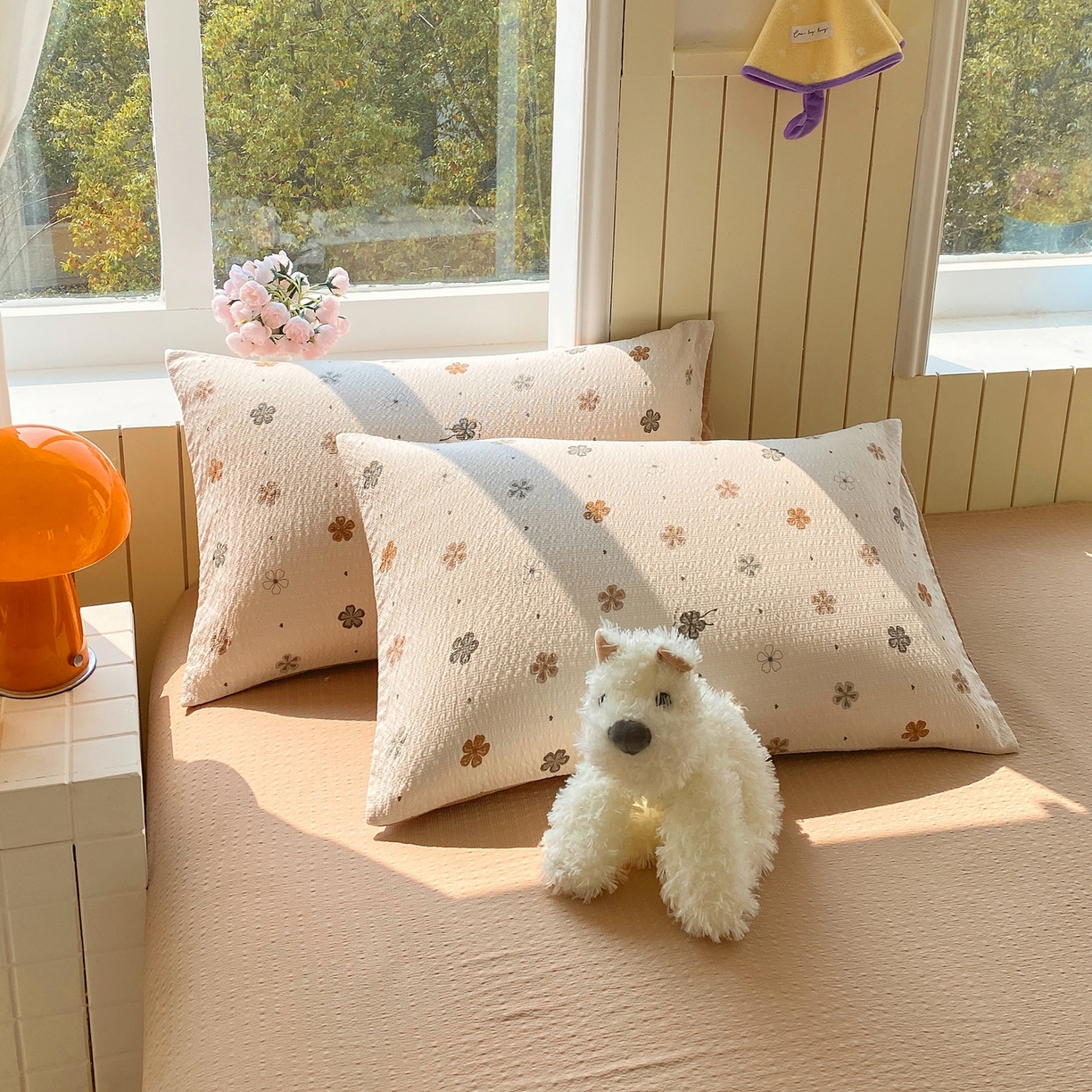 91家纺网 家纺一手货源 找家纺 爱橙家纺（原艾橙家纺） 2026春夏新款A类高品质110克超柔泡芙纱四件套 四叶草