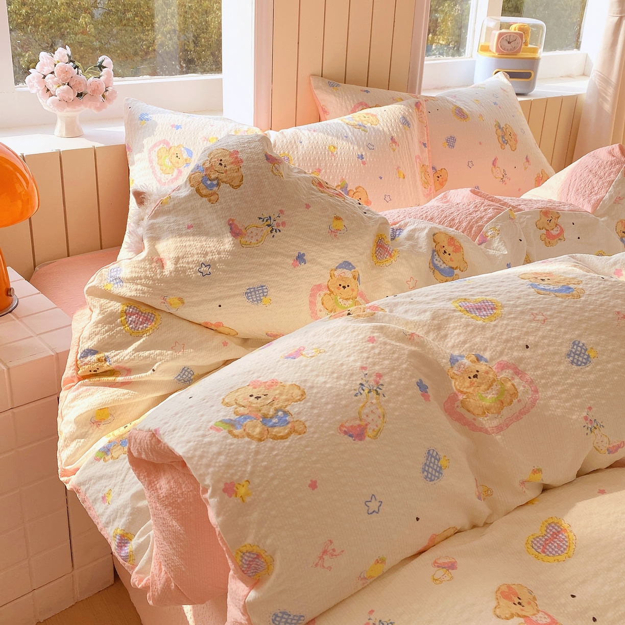 91家纺网 家纺一手货源 找家纺 爱橙家纺（原艾橙家纺） 2026春夏新款A类高品质110克超柔泡芙纱四件套 萝莉小狗