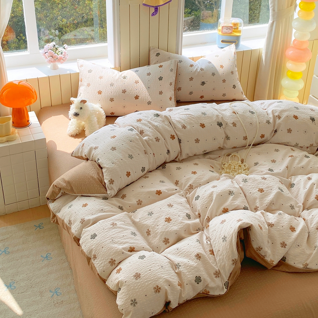 91家纺网 家纺一手货源 找家纺 爱橙家纺（原艾橙家纺） 2026春夏新款A类高品质110克超柔泡芙纱四件套 四叶草