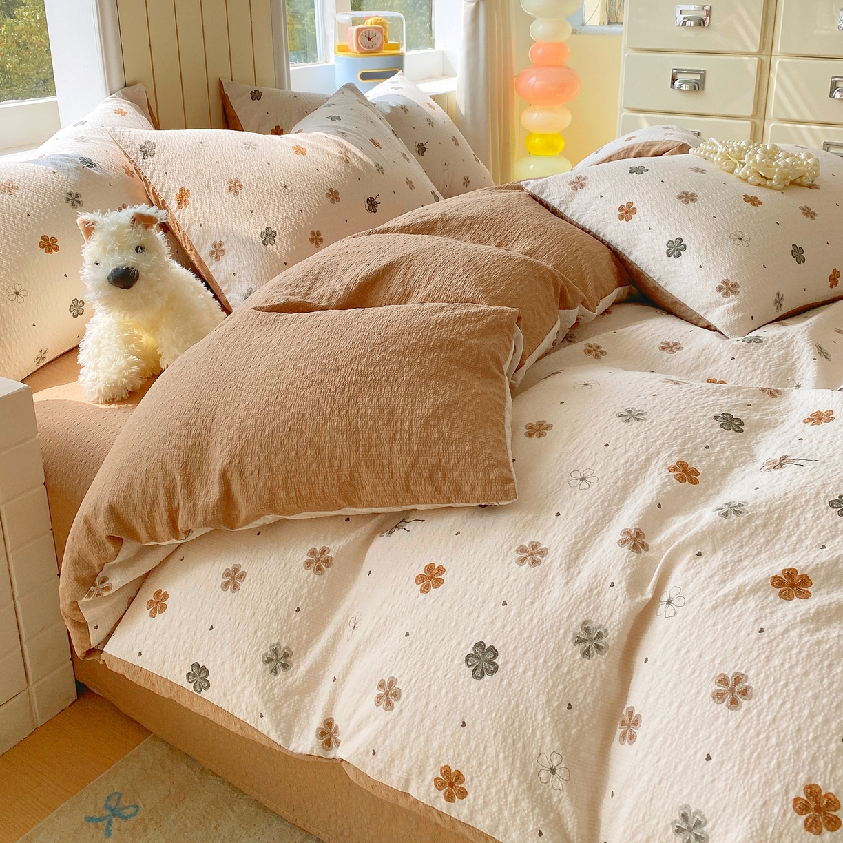 91家纺网 家纺一手货源 找家纺 爱橙家纺（原艾橙家纺） 2026春夏新款A类高品质110克超柔泡芙纱四件套 四叶草