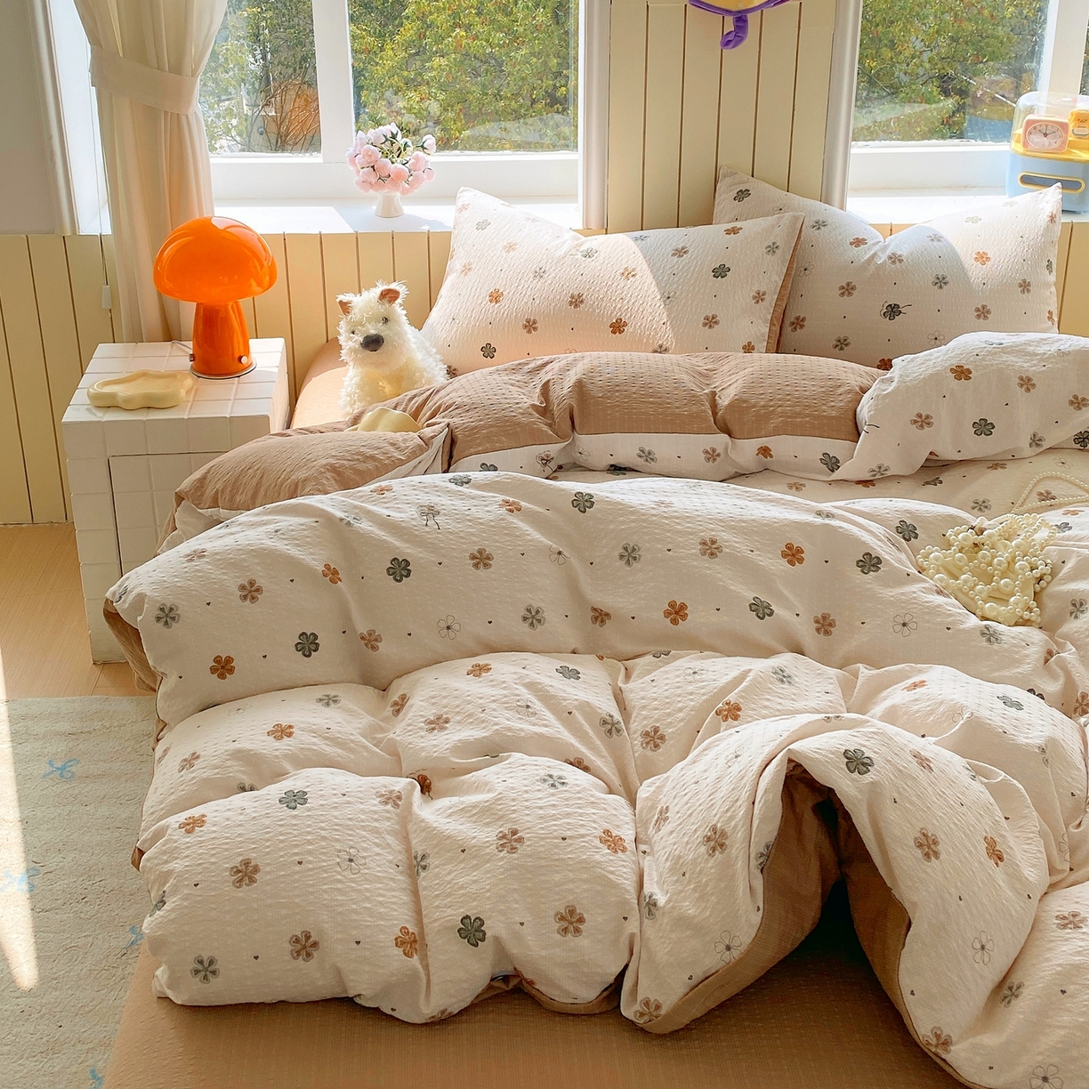 91家纺网 家纺一手货源 找家纺 爱橙家纺（原艾橙家纺） 2026春夏新款A类高品质110克超柔泡芙纱四件套 四叶草