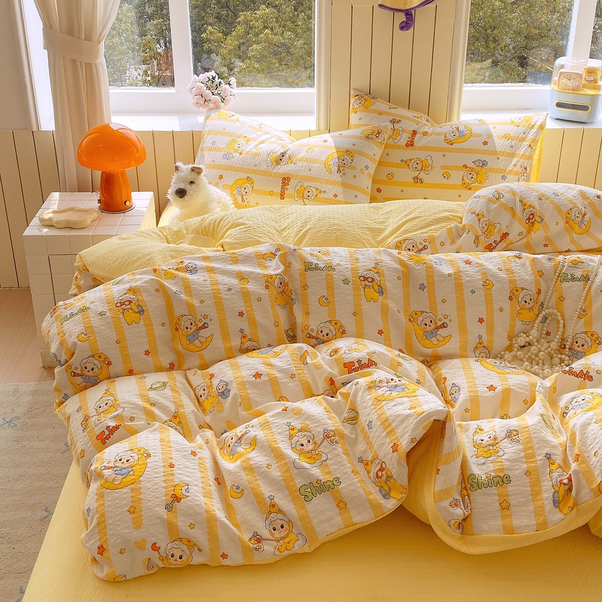 91家纺网 家纺一手货源 找家纺 爱橙家纺（原艾橙家纺） 2026春夏新款A类高品质110克超柔泡芙纱四件套 星星崽