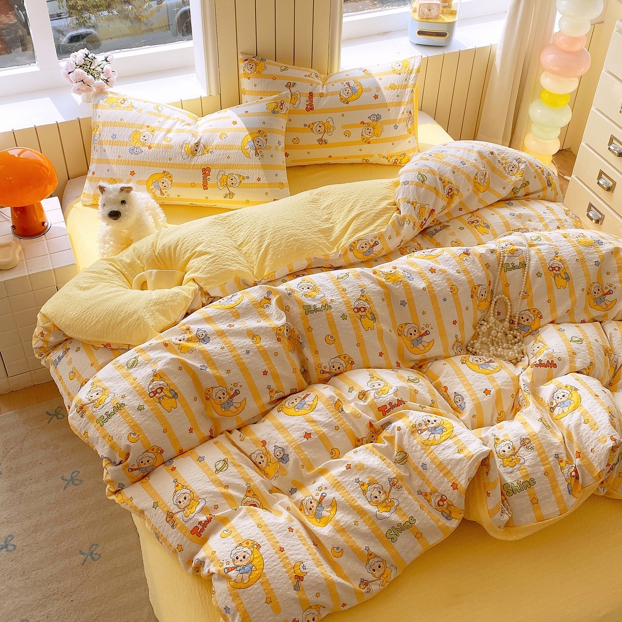 91家纺网 家纺一手货源 找家纺 爱橙家纺（原艾橙家纺） 2026春夏新款A类高品质110克超柔泡芙纱四件套 星星崽