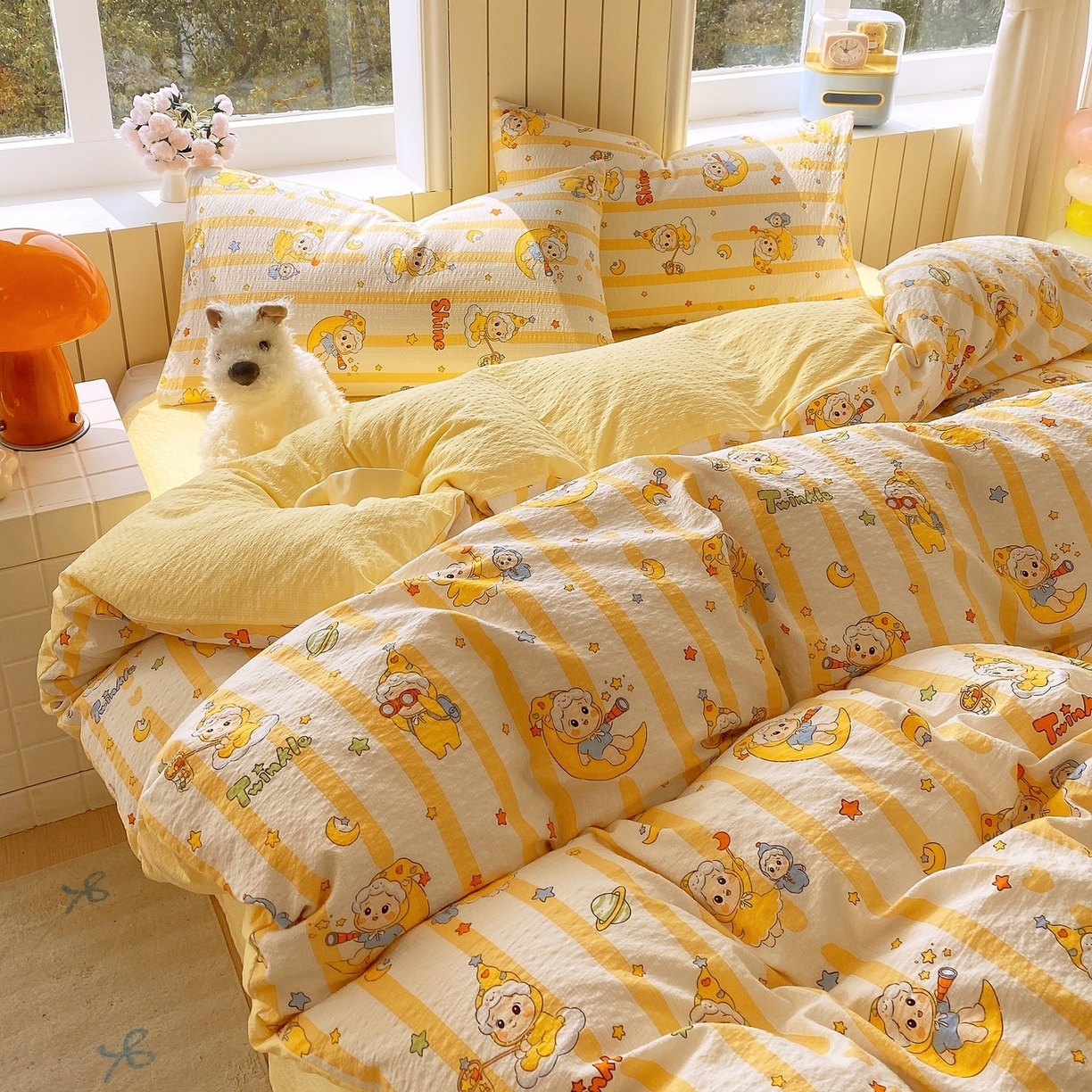 91家纺网 家纺一手货源 找家纺 爱橙家纺（原艾橙家纺） 2026春夏新款A类高品质110克超柔泡芙纱四件套 星星崽