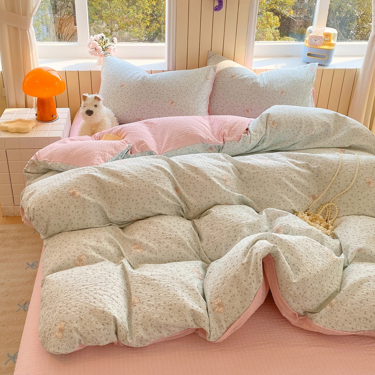 91家纺网 家纺一手货源 找家纺 爱橙家纺（原艾橙家纺） 2026春夏新款A类高品质110克超柔泡芙纱四件套 兔小妹