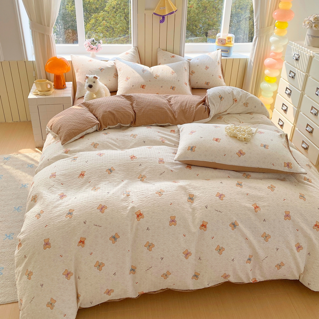 91家纺网 家纺一手货源 找家纺 爱橙家纺（原艾橙家纺） 2026春夏新款A类高品质110克超柔泡芙纱四件套 云朵熊