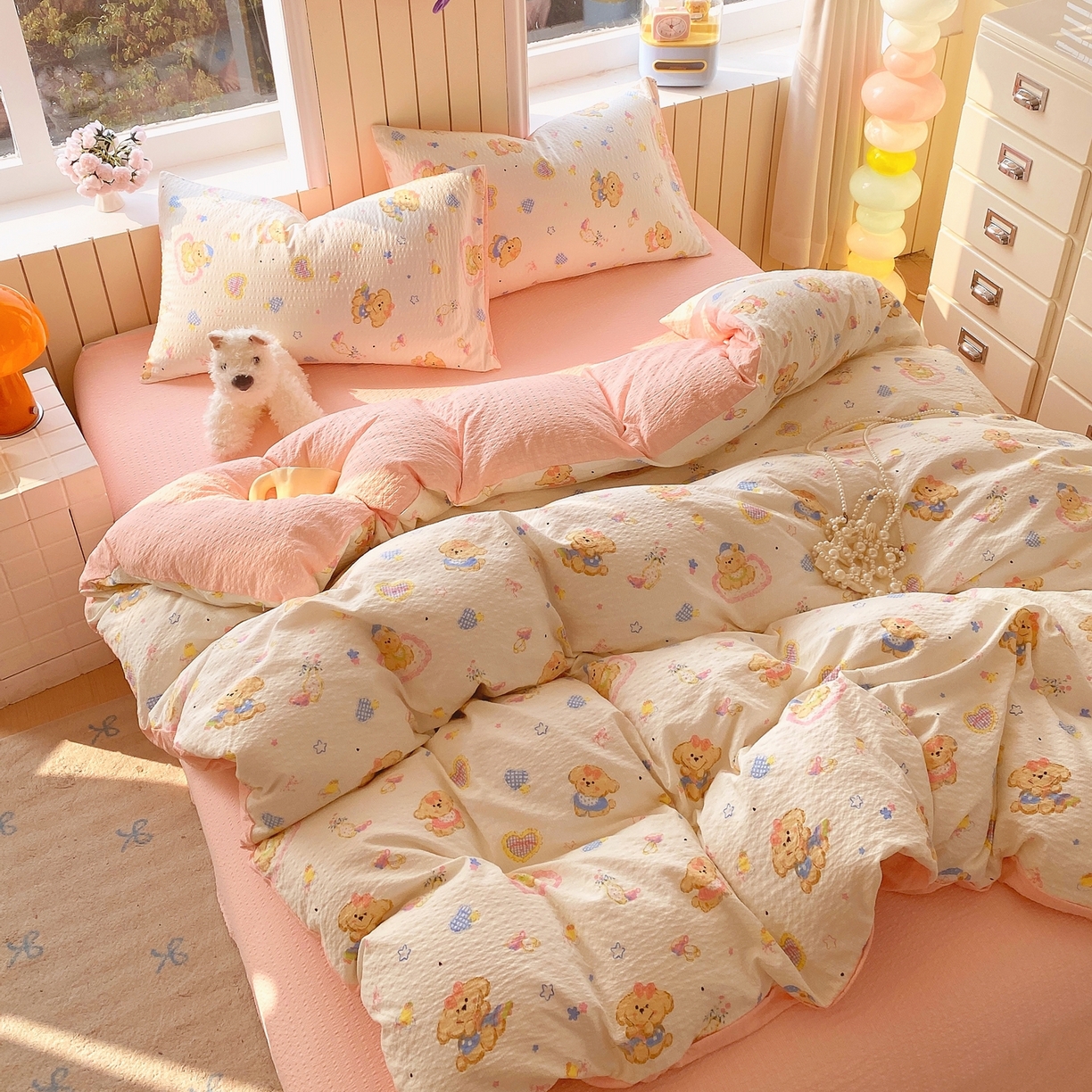 91家纺网 家纺一手货源 找家纺 爱橙家纺（原艾橙家纺） 2026春夏新款A类高品质110克超柔泡芙纱四件套 萝莉小狗