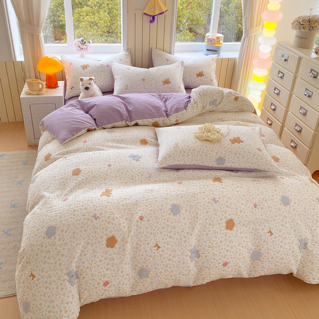 91家纺网 家纺一手货源 找家纺 爱橙家纺（原艾橙家纺） 2026春夏新款A类高品质110克超柔泡芙纱四件套 曲奇小熊