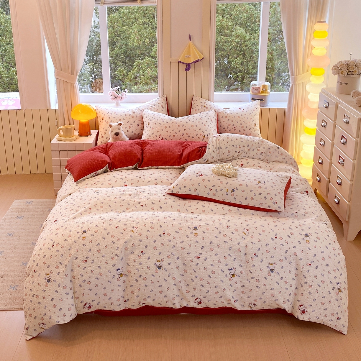 91家纺网 家纺一手货源 找家纺 爱橙家纺（原艾橙家纺） 2026春夏新款A类高品质110克超柔泡芙纱四件套 花町软猫