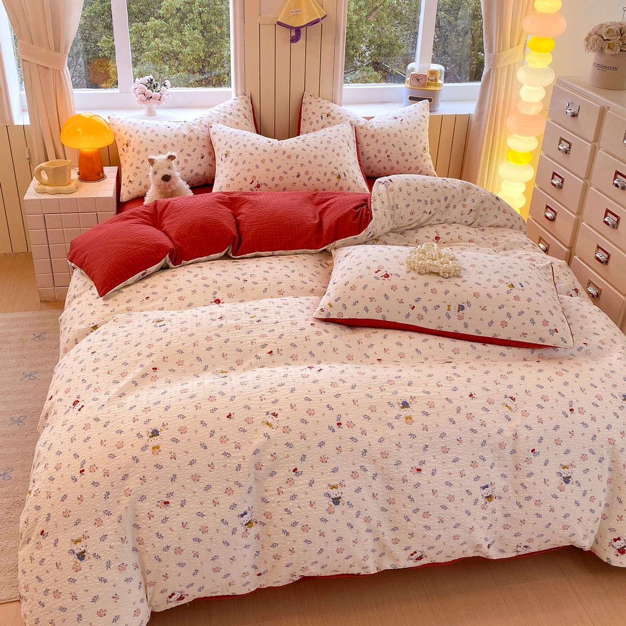 91家纺网 家纺一手货源 找家纺 爱橙家纺（原艾橙家纺） 2026春夏新款A类高品质110克超柔泡芙纱四件套 花町软猫