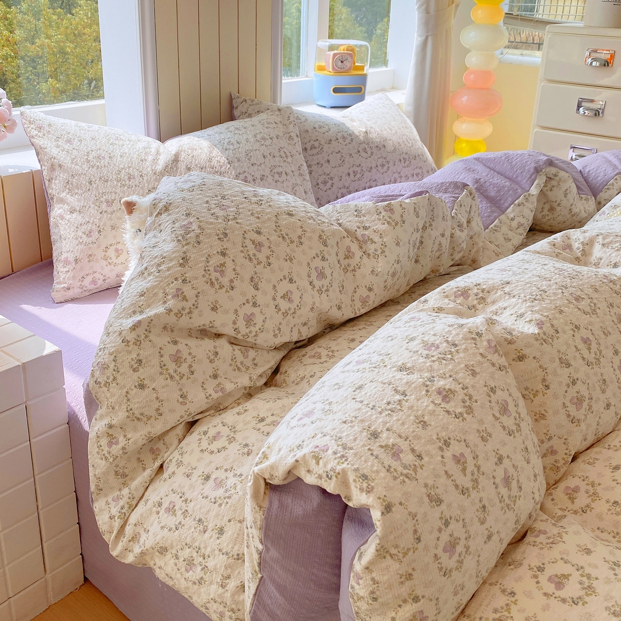 91家纺网 家纺一手货源 找家纺 爱橙家纺（原艾橙家纺） 2026春夏新款A类高品质110克超柔泡芙纱四件套 素雅柔情