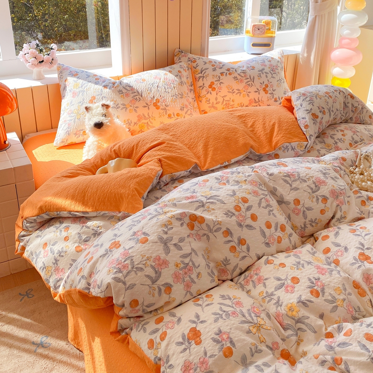 91家纺网 家纺一手货源 找家纺 爱橙家纺（原艾橙家纺） 2026春夏新款A类高品质110克超柔泡芙纱四件套 石榴花开