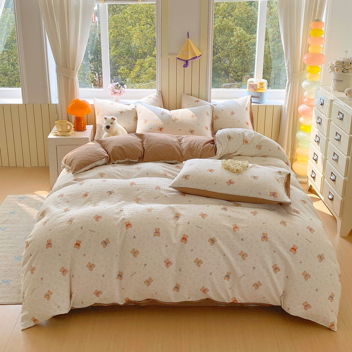 91家纺网 家纺一手货源 找家纺 爱橙家纺（原艾橙家纺） 2026春夏新款A类高品质110克超柔泡芙纱四件套 云朵熊