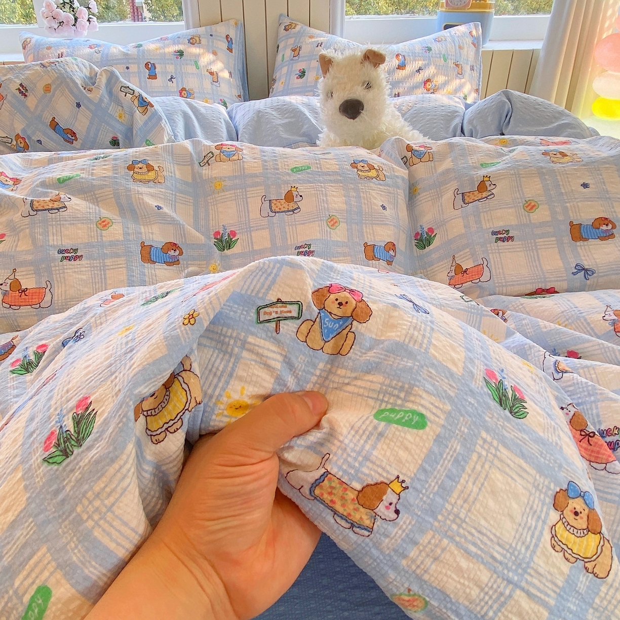 91家纺网 家纺一手货源 找家纺 爱橙家纺（原艾橙家纺） 2026春夏新款A类高品质110克超柔泡芙纱四件套 汪旺记