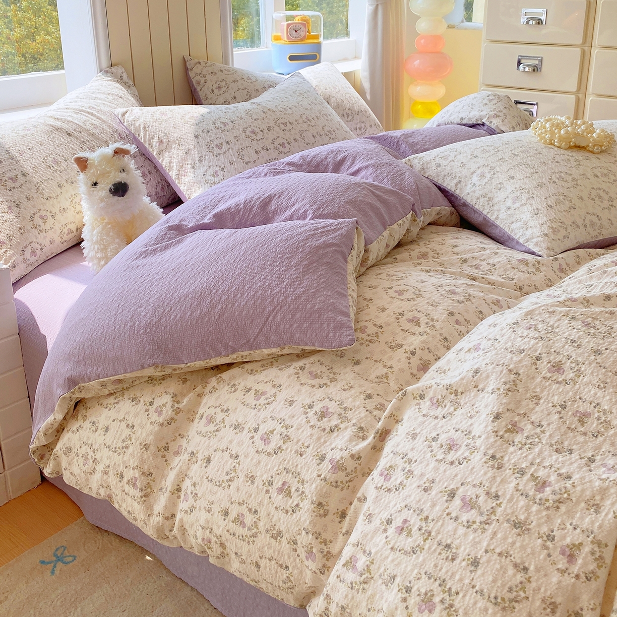 91家纺网 家纺一手货源 找家纺 爱橙家纺（原艾橙家纺） 2026春夏新款A类高品质110克超柔泡芙纱四件套 素雅柔情