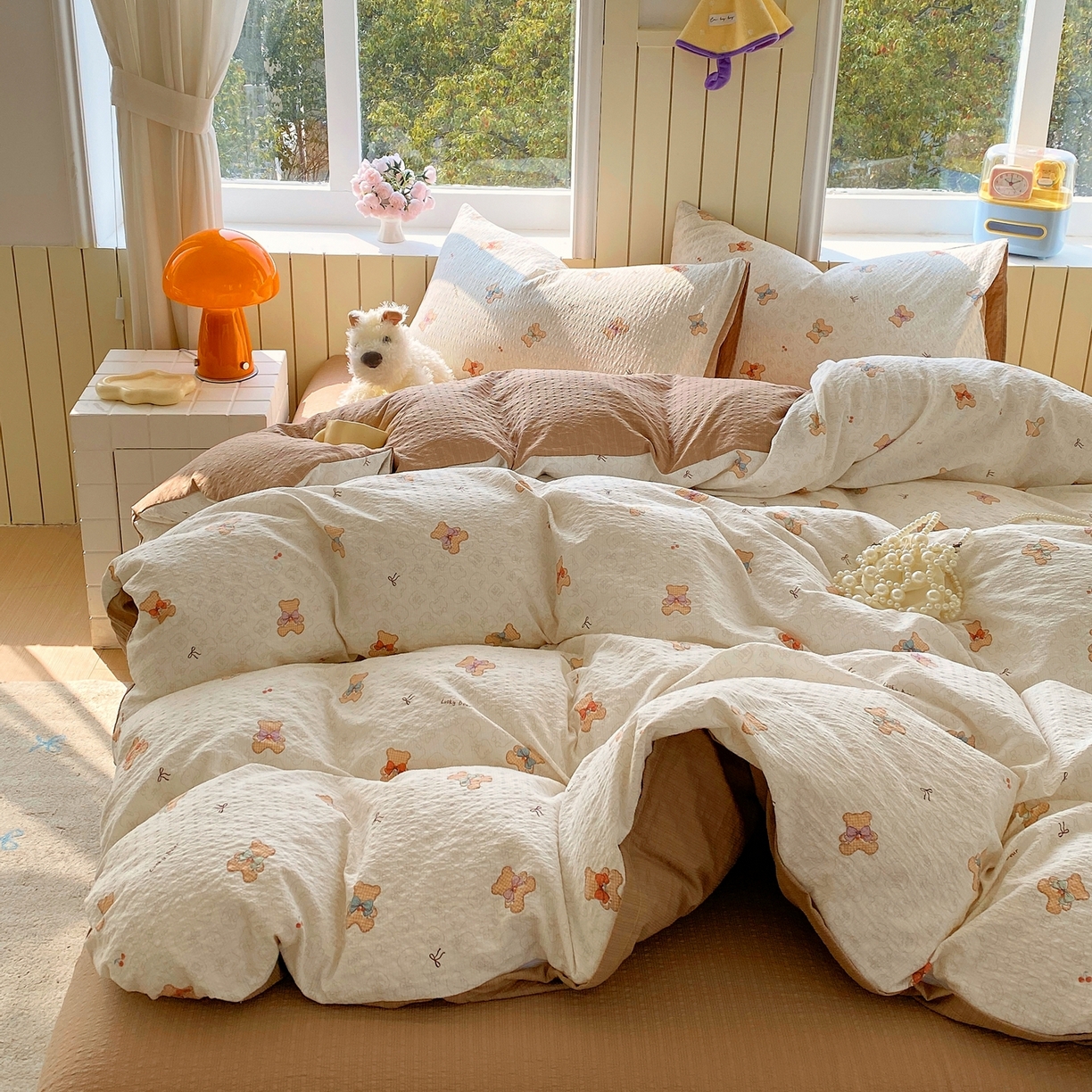 91家纺网 家纺一手货源 找家纺 爱橙家纺（原艾橙家纺） 2026春夏新款A类高品质110克超柔泡芙纱四件套 云朵熊