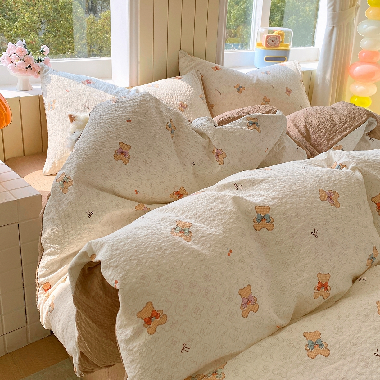 91家纺网 家纺一手货源 找家纺 爱橙家纺（原艾橙家纺） 2026春夏新款A类高品质110克超柔泡芙纱四件套 云朵熊