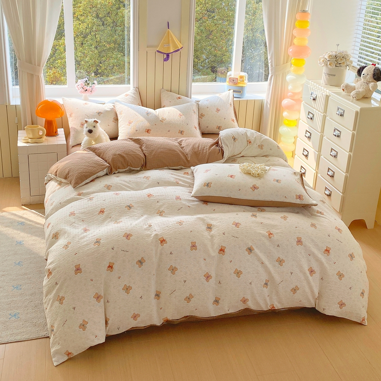 91家纺网 家纺一手货源 找家纺 爱橙家纺（原艾橙家纺） 2026春夏新款A类高品质110克超柔泡芙纱四件套 云朵熊