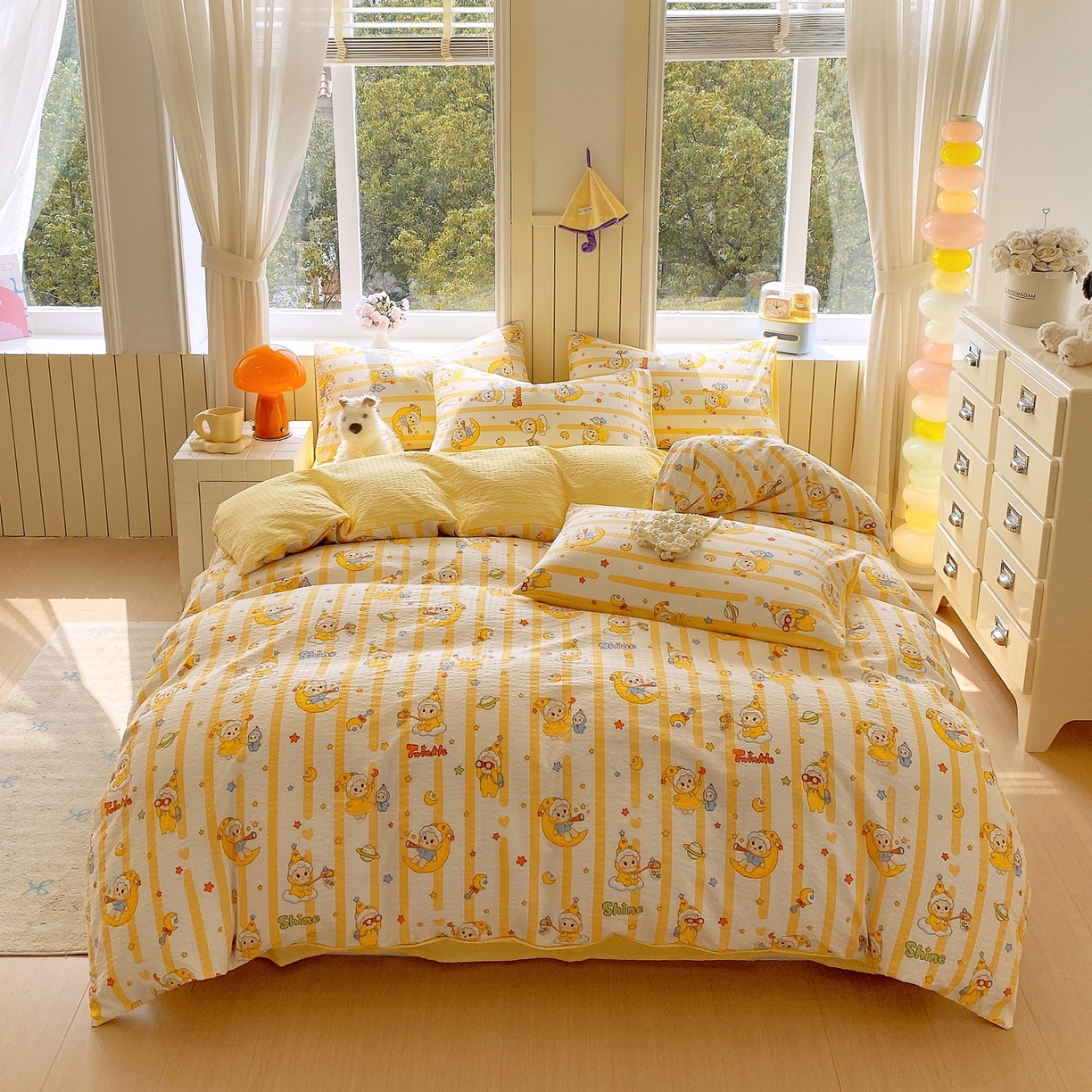 91家纺网 家纺一手货源 找家纺 爱橙家纺（原艾橙家纺） 2026春夏新款A类高品质110克超柔泡芙纱四件套 星星崽