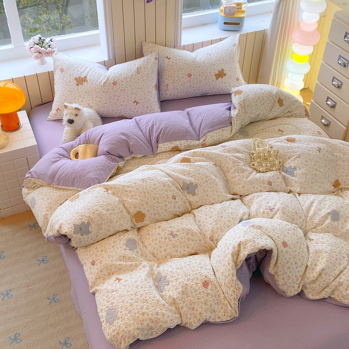 91家纺网 家纺一手货源 找家纺 爱橙家纺（原艾橙家纺） 2026春夏新款A类高品质110克超柔泡芙纱四件套 曲奇小熊