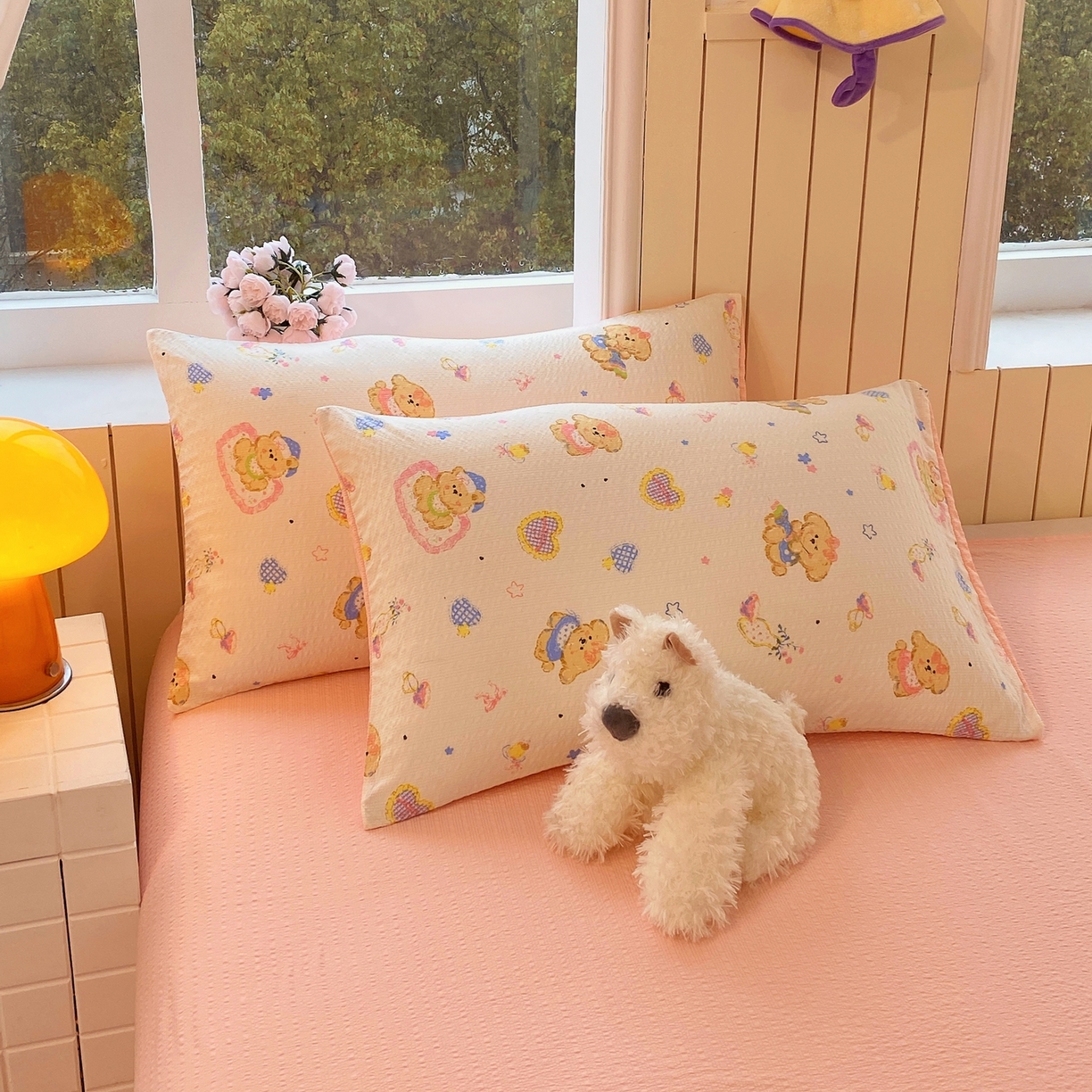 91家纺网 家纺一手货源 找家纺 爱橙家纺（原艾橙家纺） 2026春夏新款A类高品质110克超柔泡芙纱四件套 萝莉小狗