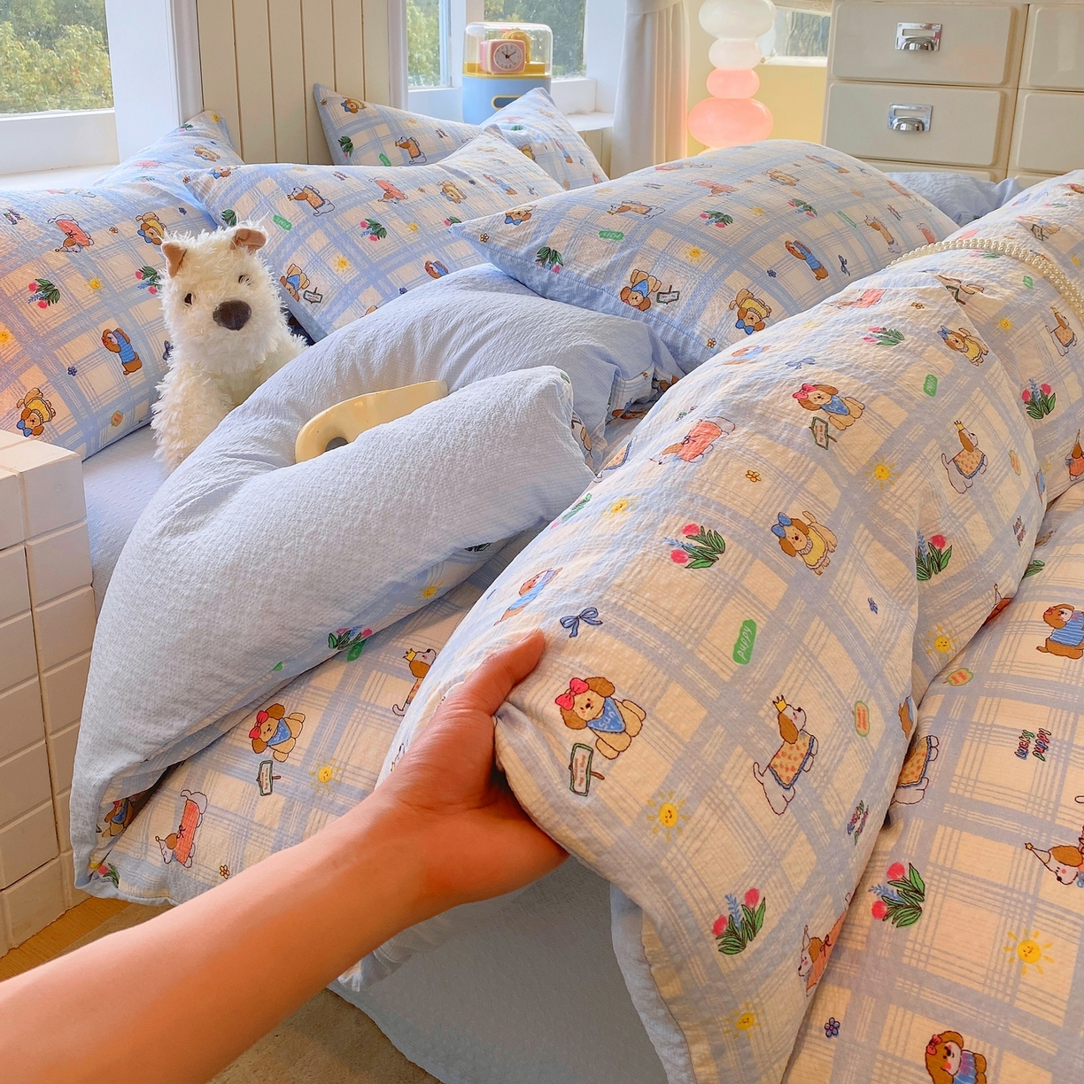 91家纺网 家纺一手货源 找家纺 爱橙家纺（原艾橙家纺） 2026春夏新款A类高品质110克超柔泡芙纱四件套 汪旺记