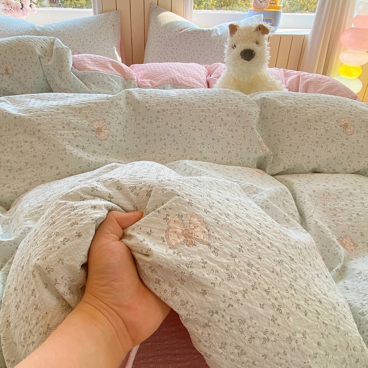 91家纺网 家纺一手货源 找家纺 爱橙家纺（原艾橙家纺） 2026春夏新款A类高品质110克超柔泡芙纱四件套 兔小妹