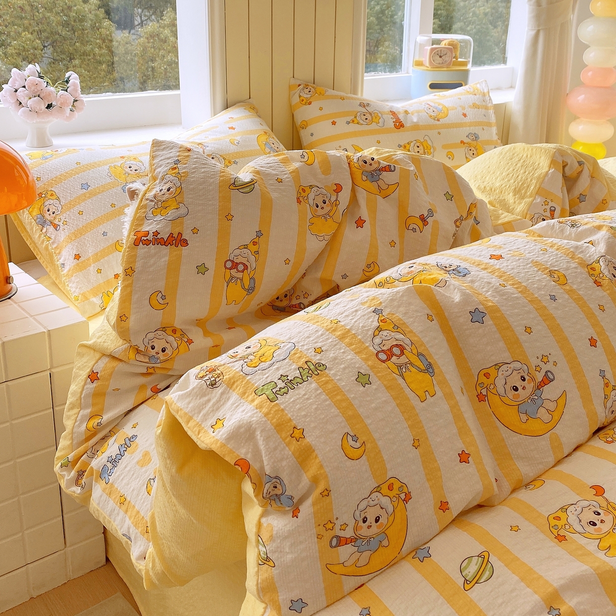 91家纺网 家纺一手货源 找家纺 爱橙家纺（原艾橙家纺） 2026春夏新款A类高品质110克超柔泡芙纱四件套 星星崽