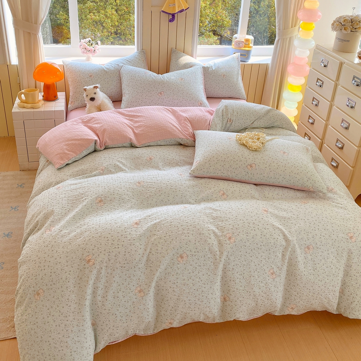 91家纺网 家纺一手货源 找家纺 爱橙家纺（原艾橙家纺） 2026春夏新款A类高品质110克超柔泡芙纱四件套 兔小妹