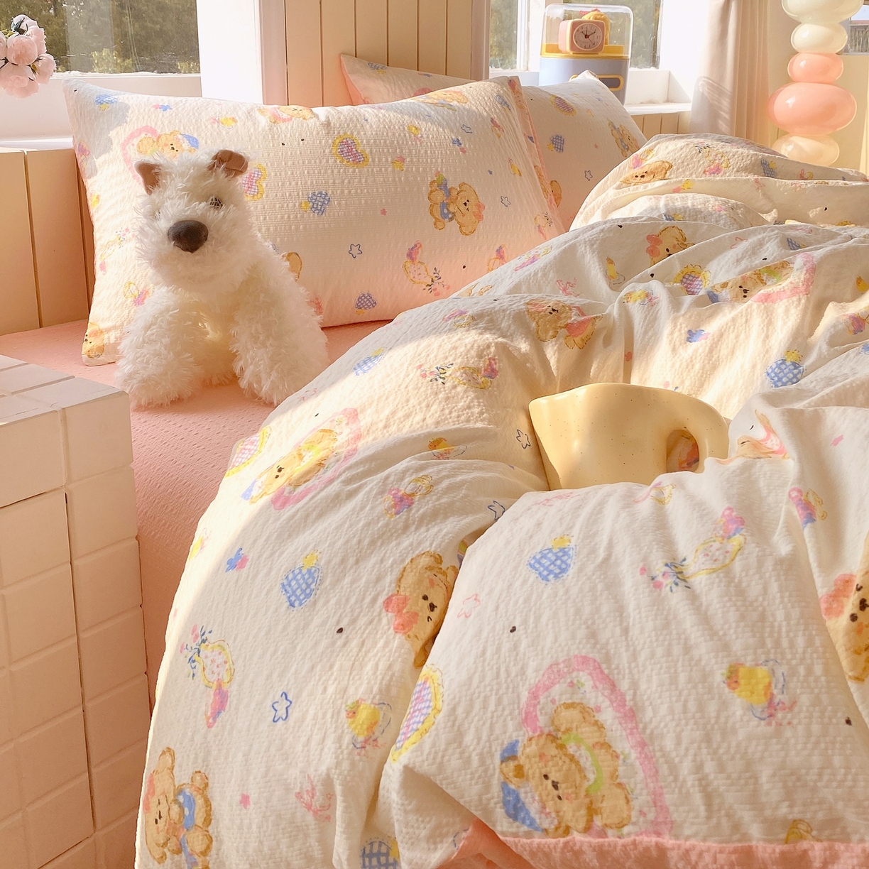 91家纺网 家纺一手货源 找家纺 爱橙家纺（原艾橙家纺） 2026春夏新款A类高品质110克超柔泡芙纱四件套 萝莉小狗