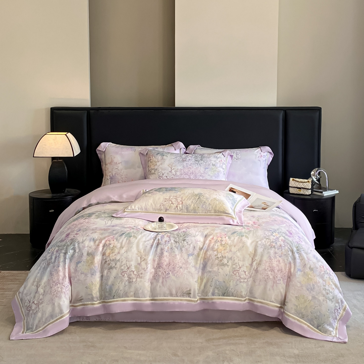 91家纺网 家纺一手货源 找家纺 博纳家纺 2026新款林间鹿语系列天丝四件套 林间鹿语-浅紫