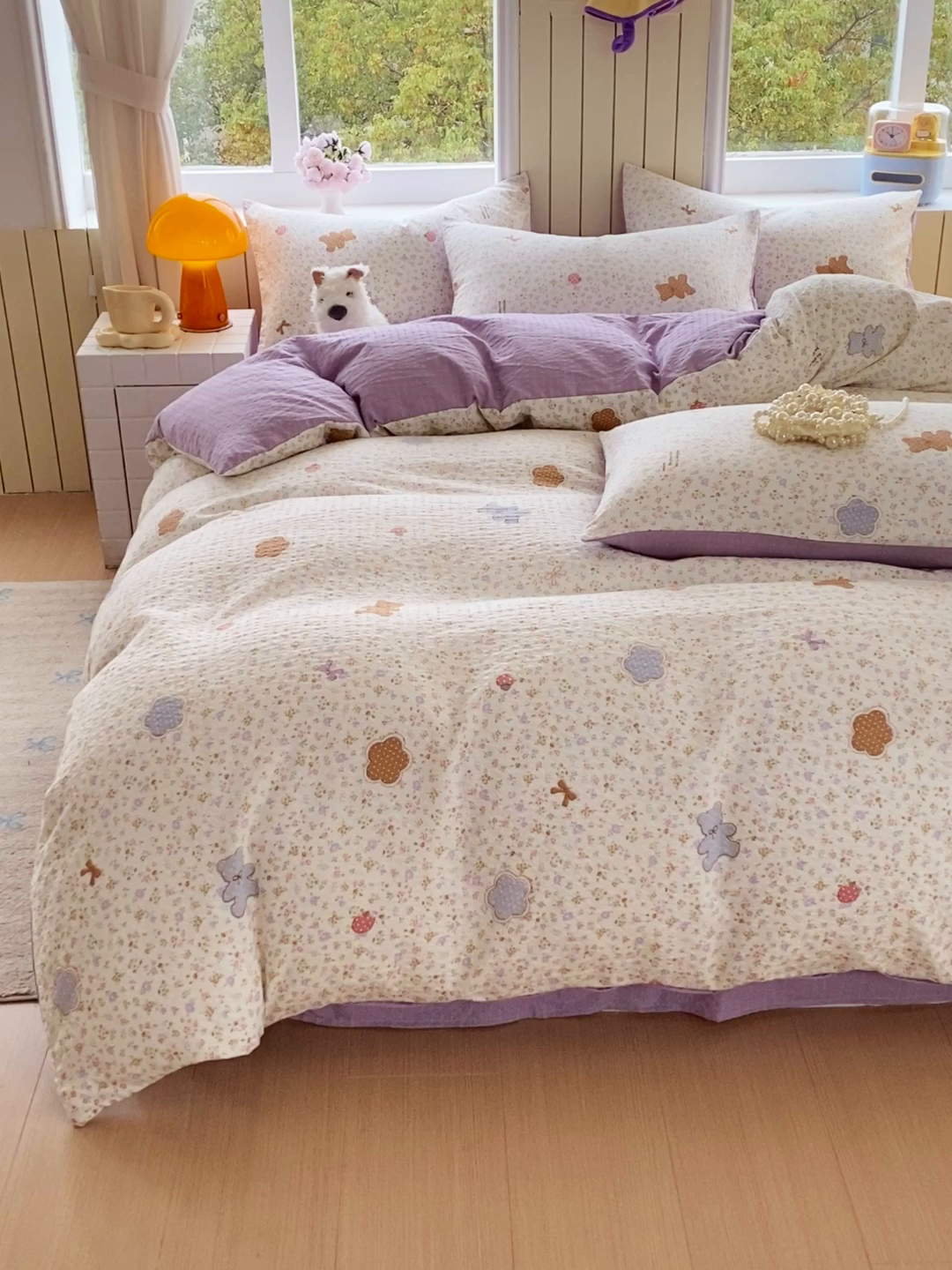 91家纺网 家纺一手货源 找家纺 爱橙家纺（原艾橙家纺） 2026春夏新款A类高品质110克超柔泡芙纱四件套 曲奇小熊