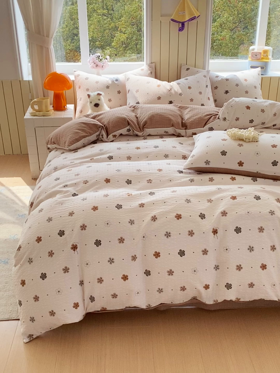 91家纺网 家纺一手货源 找家纺 爱橙家纺（原艾橙家纺） 2026春夏新款A类高品质110克超柔泡芙纱四件套 四叶草