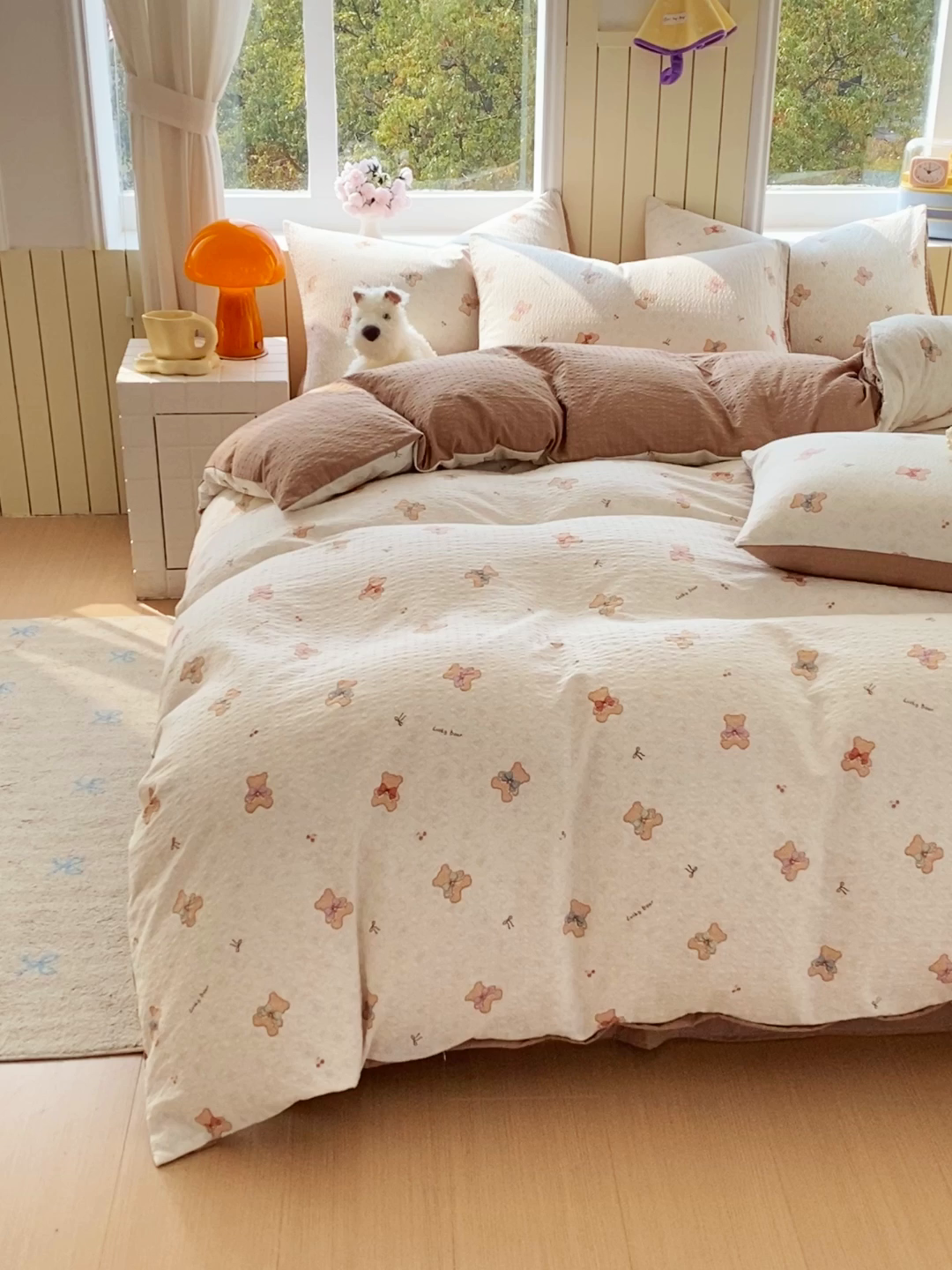 91家纺网 家纺一手货源 找家纺 爱橙家纺（原艾橙家纺） 2026春夏新款A类高品质110克超柔泡芙纱四件套 云朵熊