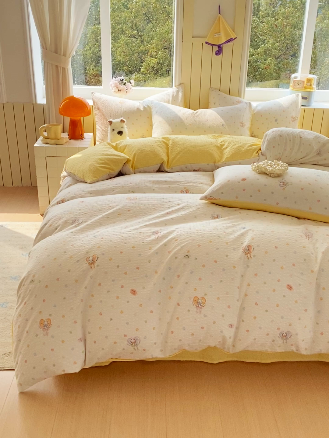 91家纺网 家纺一手货源 找家纺 爱橙家纺（原艾橙家纺） 2026春夏新款A类高品质110克超柔泡芙纱四件套 暖心兔