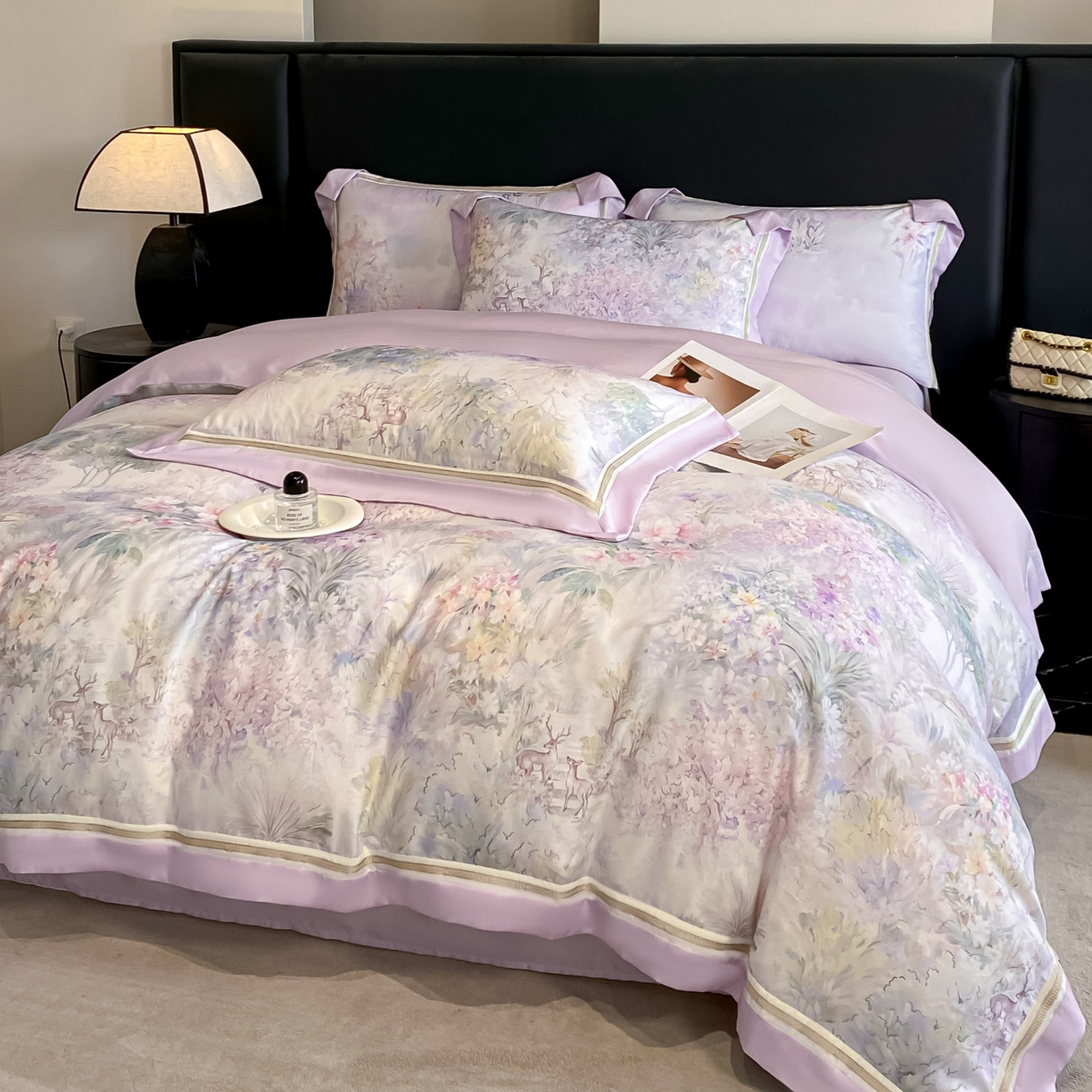 91家纺网 家纺一手货源 找家纺 博纳家纺 2026新款林间鹿语系列天丝四件套 林间鹿语-浅紫