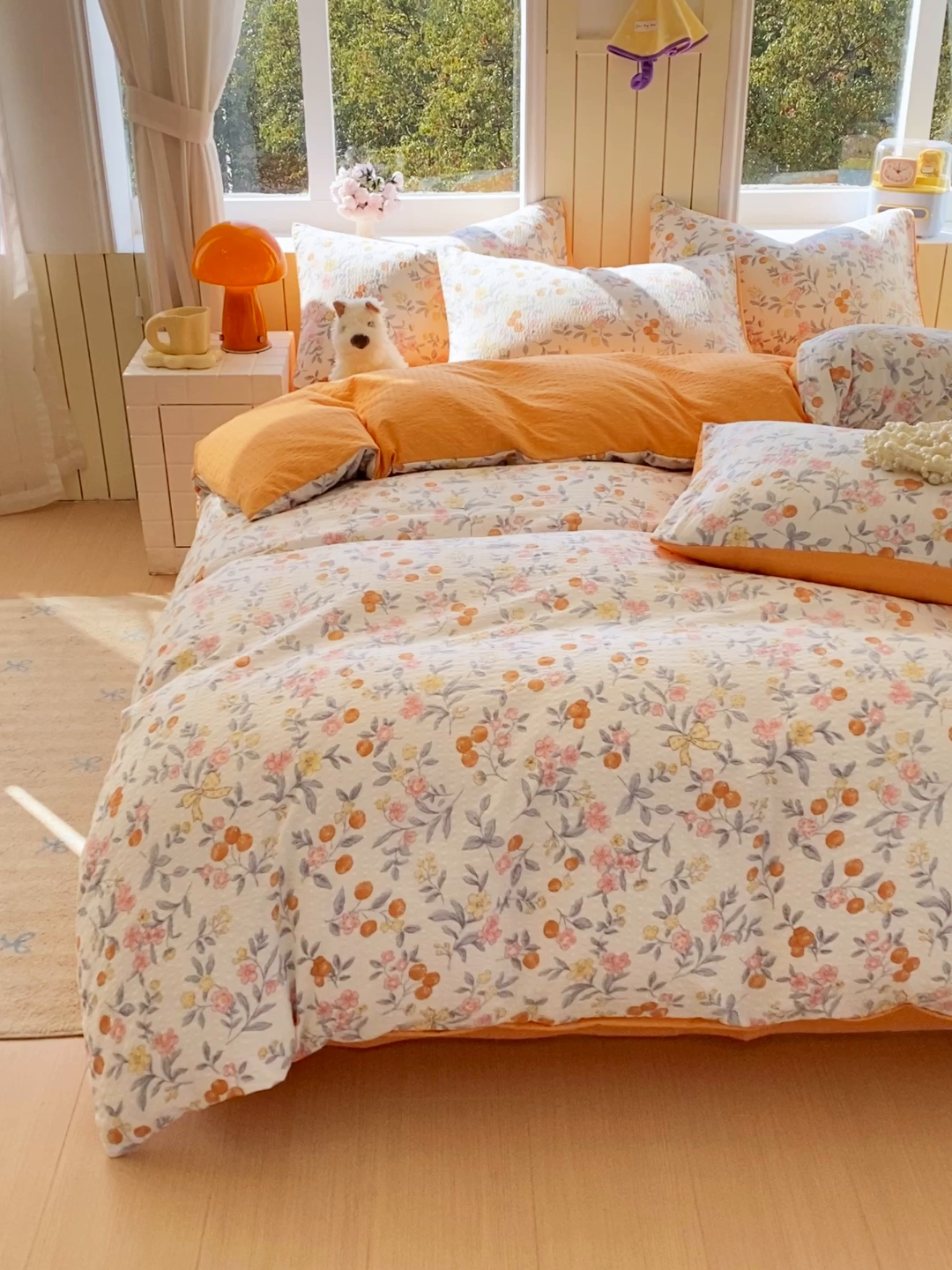 91家纺网 家纺一手货源 找家纺 爱橙家纺（原艾橙家纺） 2026春夏新款A类高品质110克超柔泡芙纱四件套 石榴花开