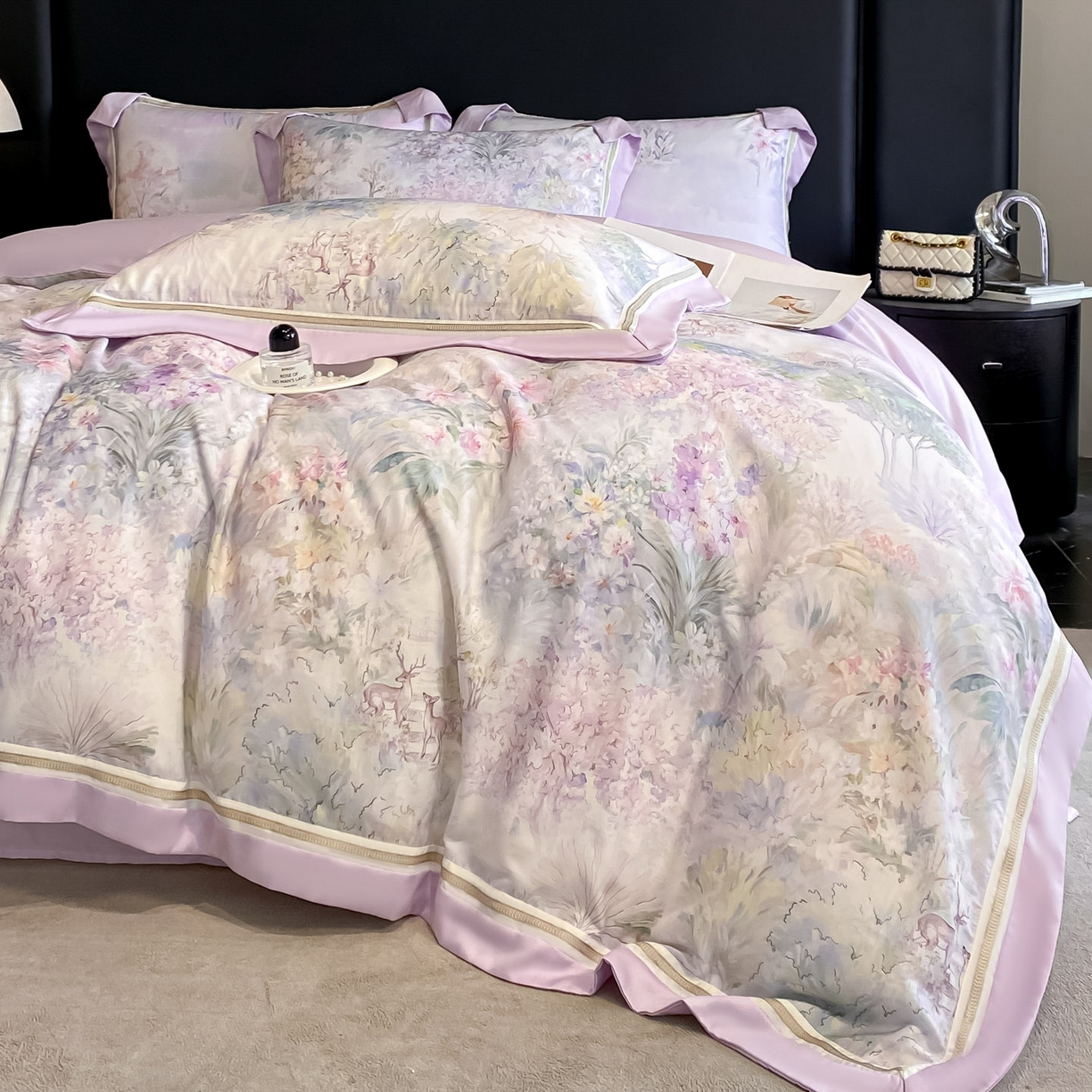 91家纺网 家纺一手货源 找家纺 博纳家纺 2026新款林间鹿语系列天丝四件套 林间鹿语-浅紫