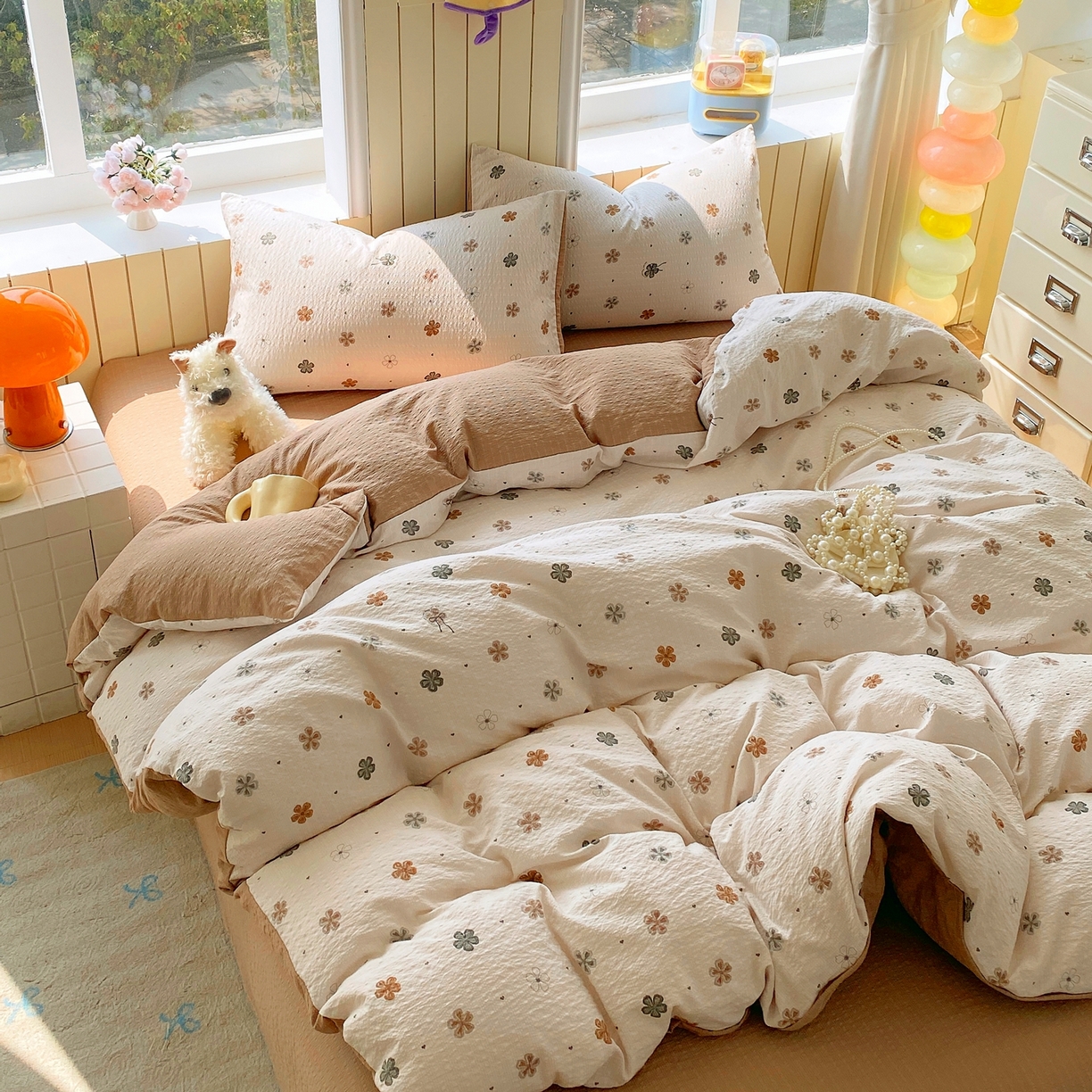 91家纺网 家纺一手货源 找家纺 爱橙家纺（原艾橙家纺） 2026春夏新款A类高品质110克超柔泡芙纱四件套 四叶草