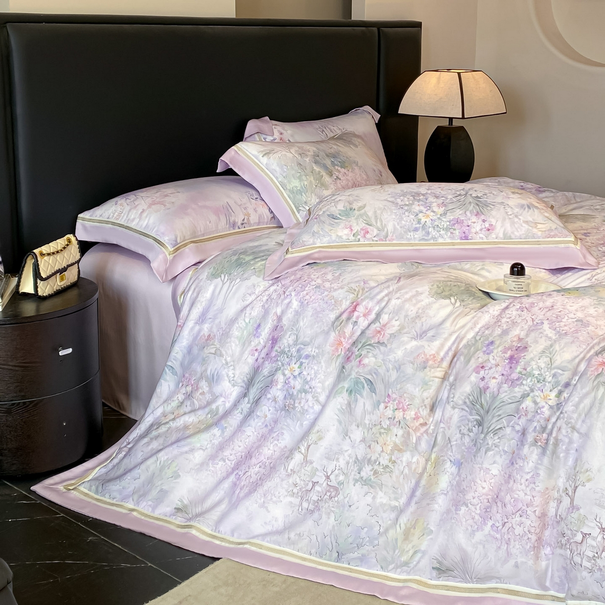 91家纺网 家纺一手货源 找家纺 博纳家纺 2026新款林间鹿语系列天丝四件套 林间鹿语-浅紫