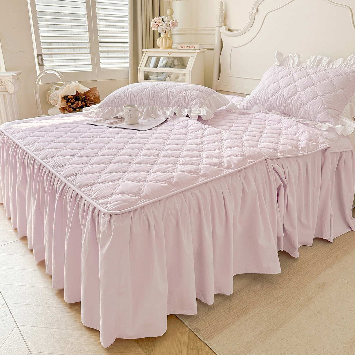 91家纺网 家纺一手货源 找家纺 佳笠家居 2026春夏新款A类韩版全棉水洗棉新疆棉花少女风床裙单件床裙单品单床裙-床拍图 床裙款-星空紫