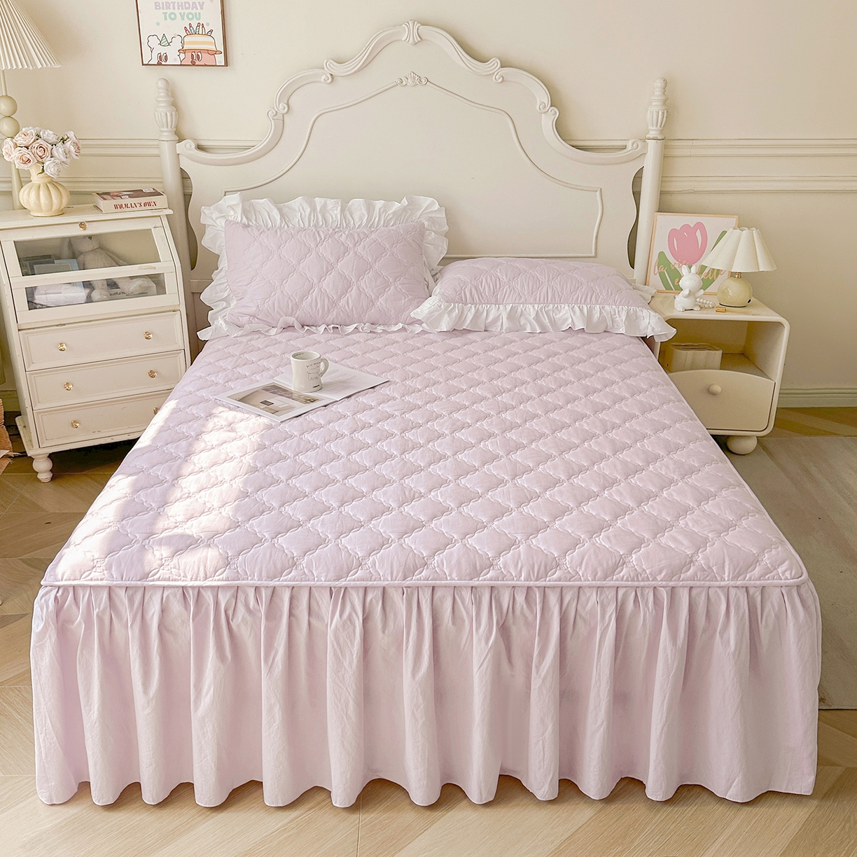 91家纺网 家纺一手货源 找家纺 佳笠家居 2026春夏新款A类韩版全棉水洗棉新疆棉花少女风床裙单件床裙单品单床裙-床拍图 床裙款-星空紫