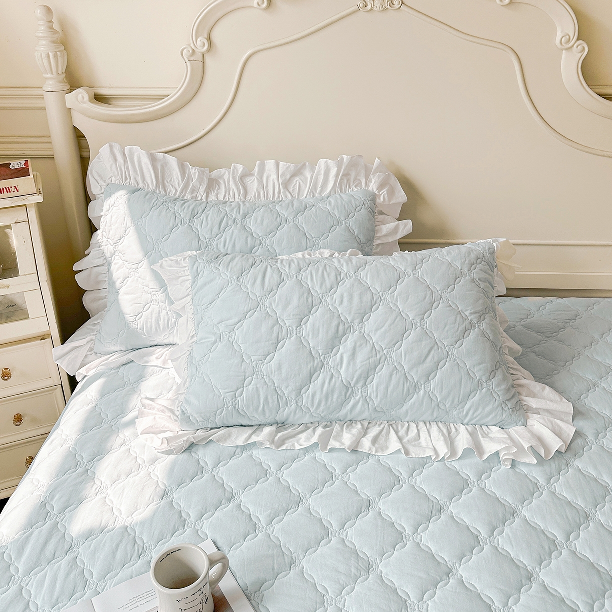 91家纺网 家纺一手货源 找家纺 佳笠家居 2026春夏新款A类韩版全棉水洗棉新疆棉花少女风床裙单件床裙单品单床裙-床拍图 床裙款-晴空蓝