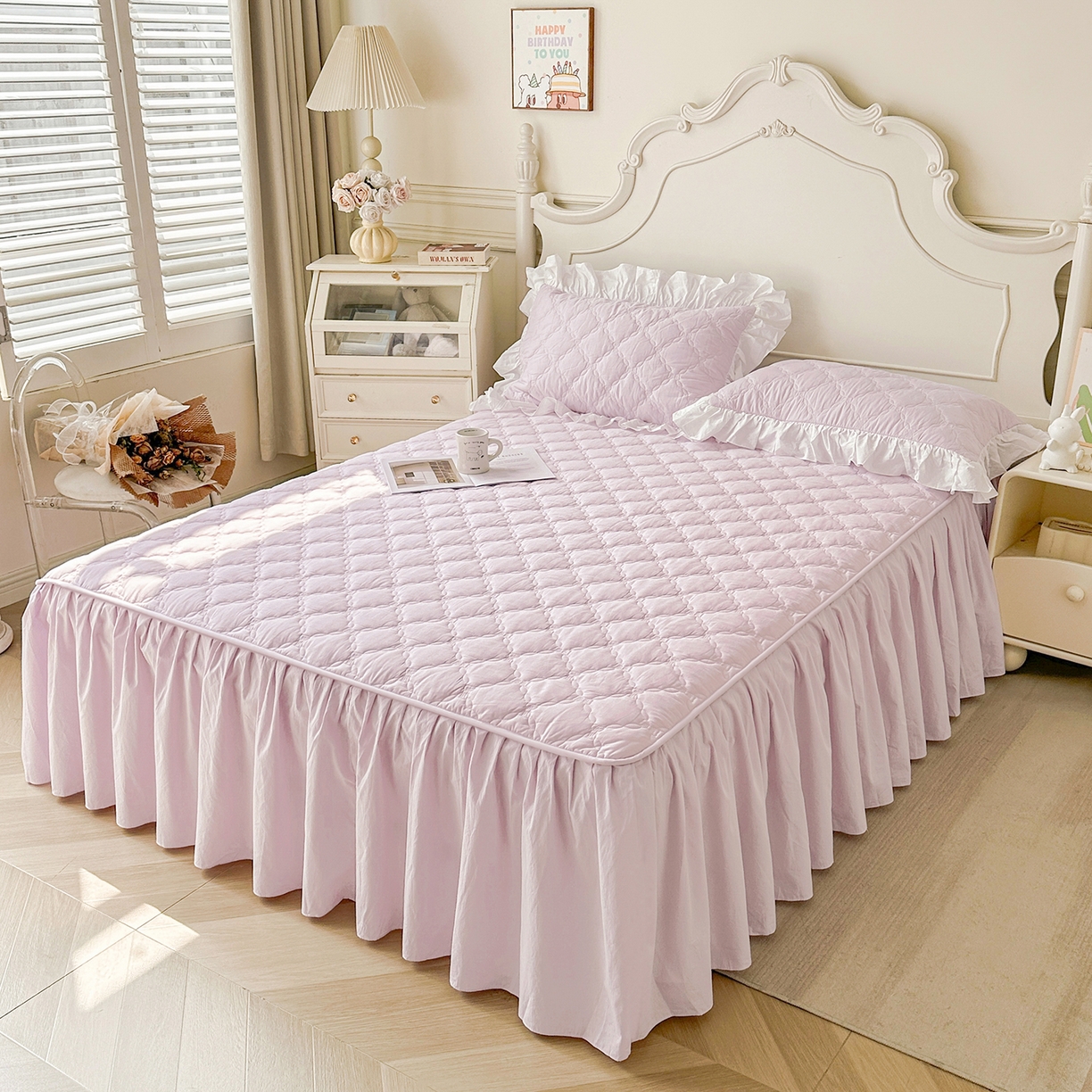 91家纺网 家纺一手货源 找家纺 佳笠家居 2026春夏新款A类韩版全棉水洗棉新疆棉花少女风床裙单件床裙单品单床裙-床拍图 床裙款-星空紫