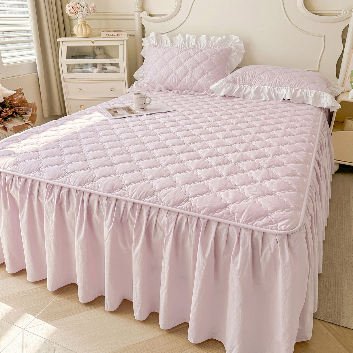 91家纺网 家纺一手货源 找家纺 佳笠家居 2026春夏新款A类韩版全棉水洗棉新疆棉花少女风床裙单件床裙单品单床裙-床拍图 床裙款-星空紫