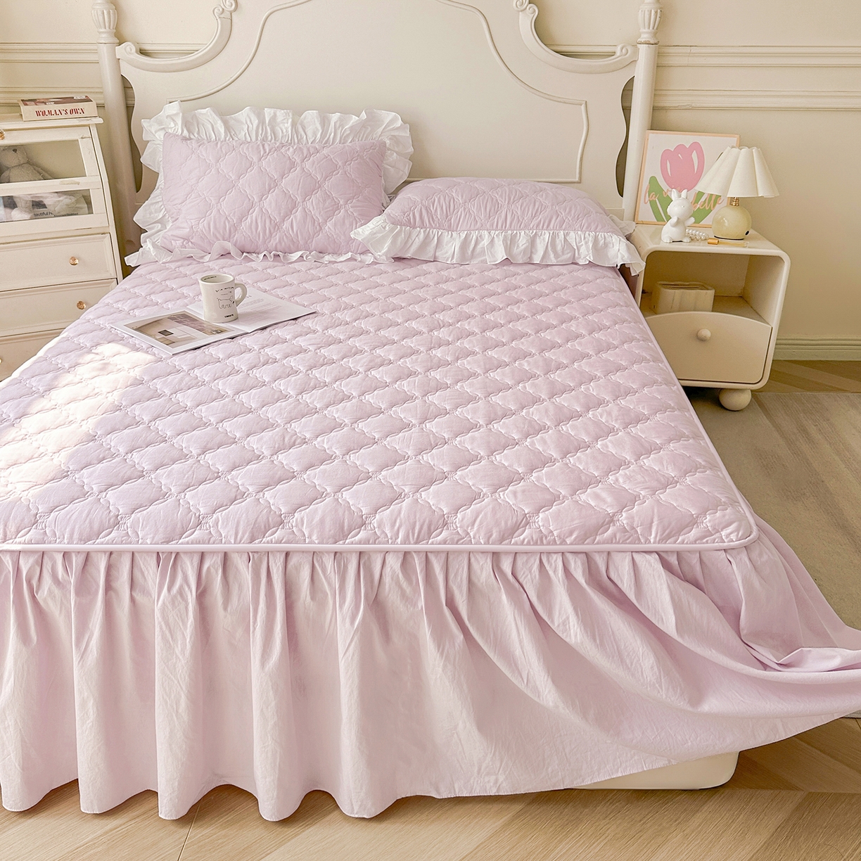 91家纺网 家纺一手货源 找家纺 佳笠家居 2026春夏新款A类韩版全棉水洗棉新疆棉花少女风床裙单件床裙单品单床裙-床拍图 床裙款-星空紫