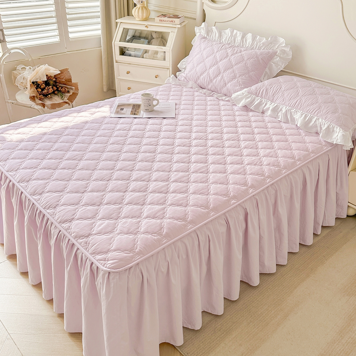 91家纺网 家纺一手货源 找家纺 佳笠家居 2026春夏新款A类韩版全棉水洗棉新疆棉花少女风床裙单件床裙单品单床裙-床拍图 床裙款-星空紫